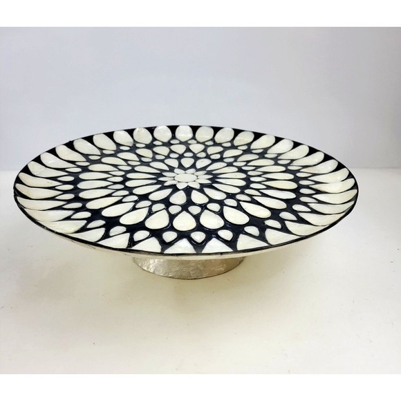 Capiz Shell Pedestal Cake Stand Plate Decorative Flower Inlay Black Ivory 13" - Picture 6 of 15